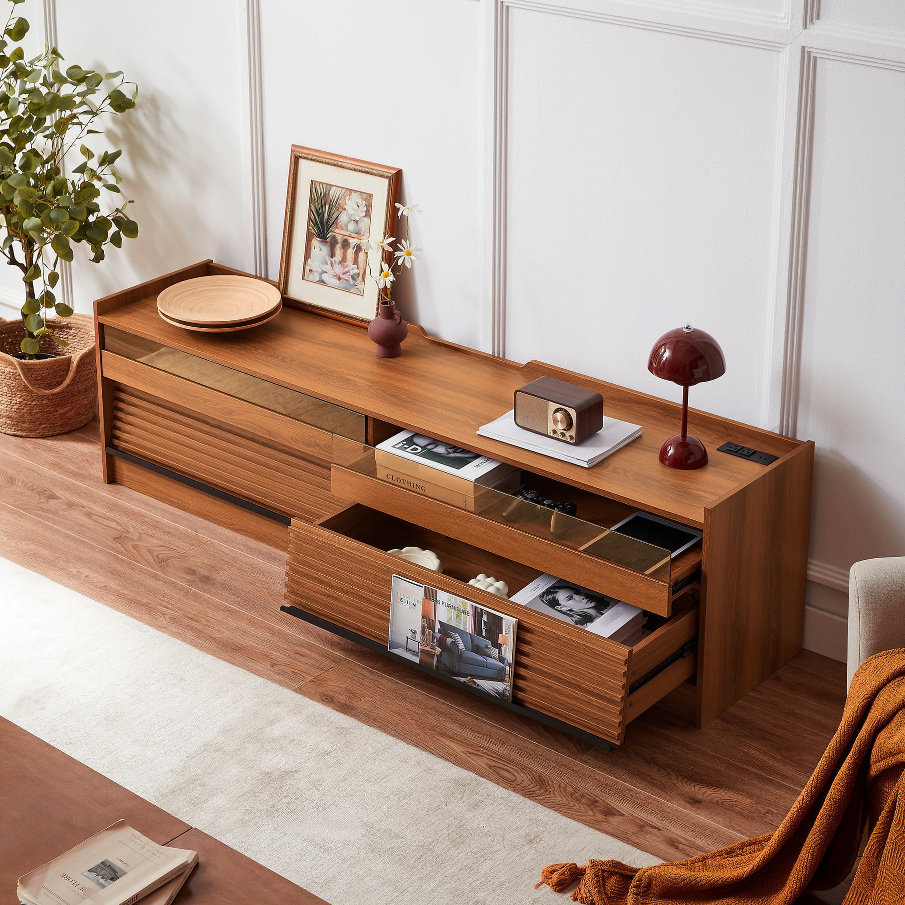 Four Drawer MDF TV Unit - Built - in Charging and Magazine Storage ...