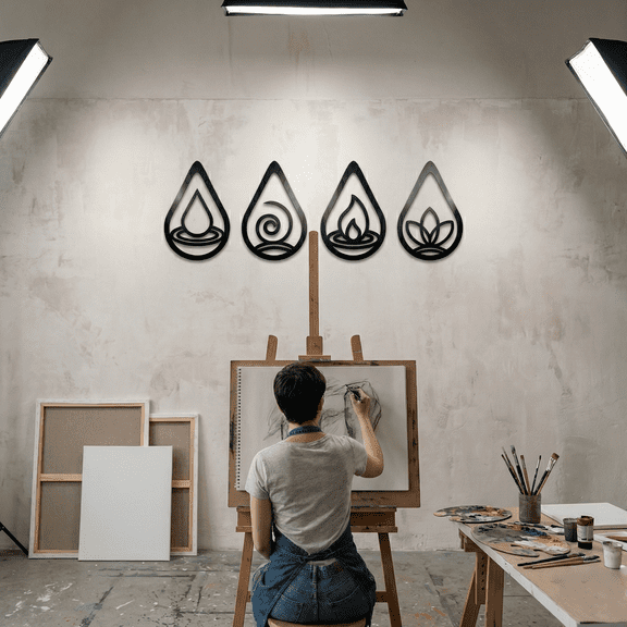 Four Element Symbols Metal Wall Art for Home and Outside - Wall-Mounted Geometric Metal Wall Art - Drop Shadow 3D Effect Wall Decoration for Living Room Bedroom