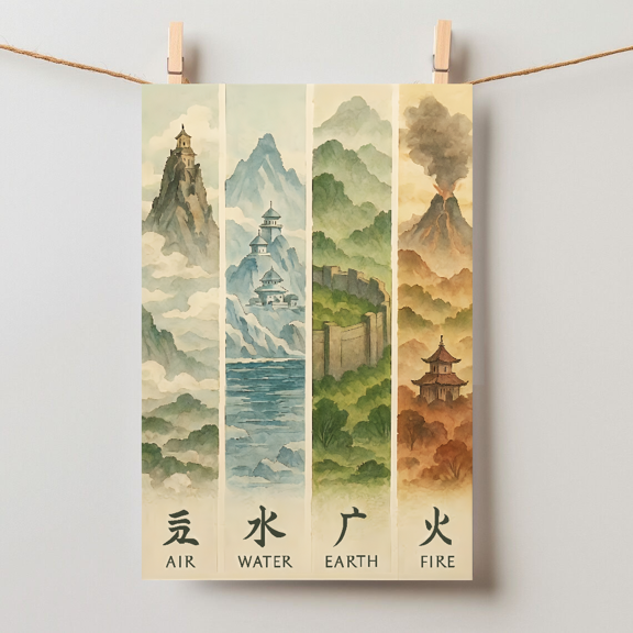 Four Elements Nature Elemental Symbols Anime Inspired Wall Art Home Decor, Unframed Paper Poster 8x10in