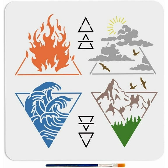 Four Elements Stencil 11.811.8inch Wind Fire Water Ground Template with Paint Brush Triangle Alchemical Pattern Stencils for DIY