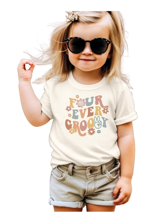 Four Ever Groovy Daisy Adorable 4th Birthday Shirt for Baby Toddler Girl Fourth Birthday Outfit Natural Shirt 3T