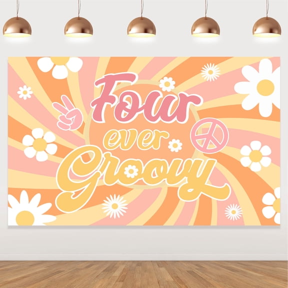 Four Ever Groovy Happy Birthday Backdrop Banner, Retro Hippie Boho Girl 4th Birthday Party Decorations Party Supplies Daisy Flower Birthday Photography Background for Baby Shower Photo Prop Wall Decor