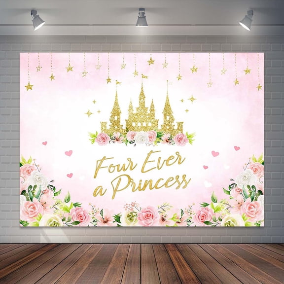 Four Ever a Princess Backdrop Princess Castle 4th Birthday Background Pink Floral Girls Fourth Birthday Party Decorations Banner Supplies Photo Booth Props