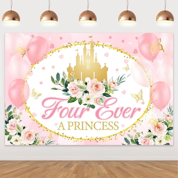 Four Ever a Princess Birthday Backdrop Pink and Gold Princess Floral 4th Birthday Backdrop Royal Photography Background Cloth Banner for Girls 4th Birthday Party Supplies Photo Booth Props (3x5ft)