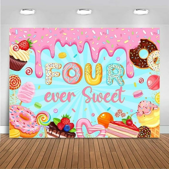 Four Ever Sweet Birthday Backdrop Girls Sprinkle Donut Happy 4th Birthday Banner Party Deorations Photo Booth Props (7x5ft (82x60 inch))