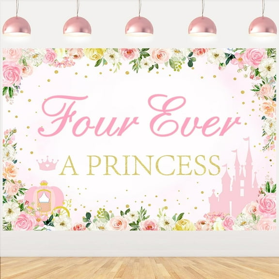Four Ever a Princess Birthday Decorations Backdrop, Princess 4th Birthday Party Decorations Backdrop Banner for 4 Year Old Girl Birthday