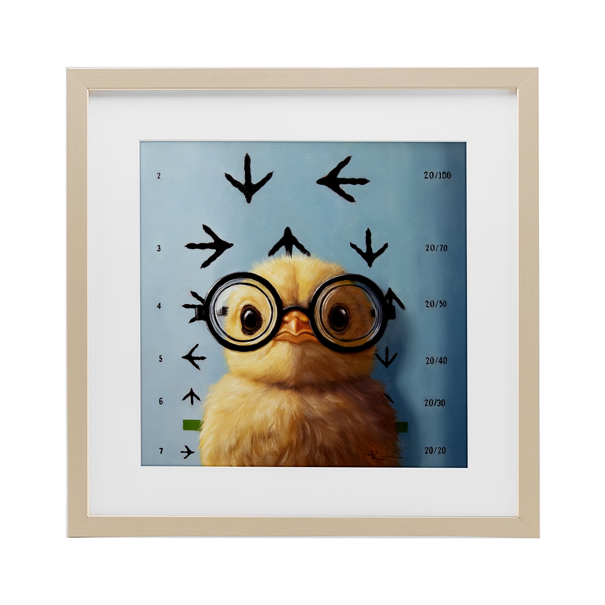 Four Eyes Chick Vision Birch Framed Print Under Glass, design by Lucia Heffernan
