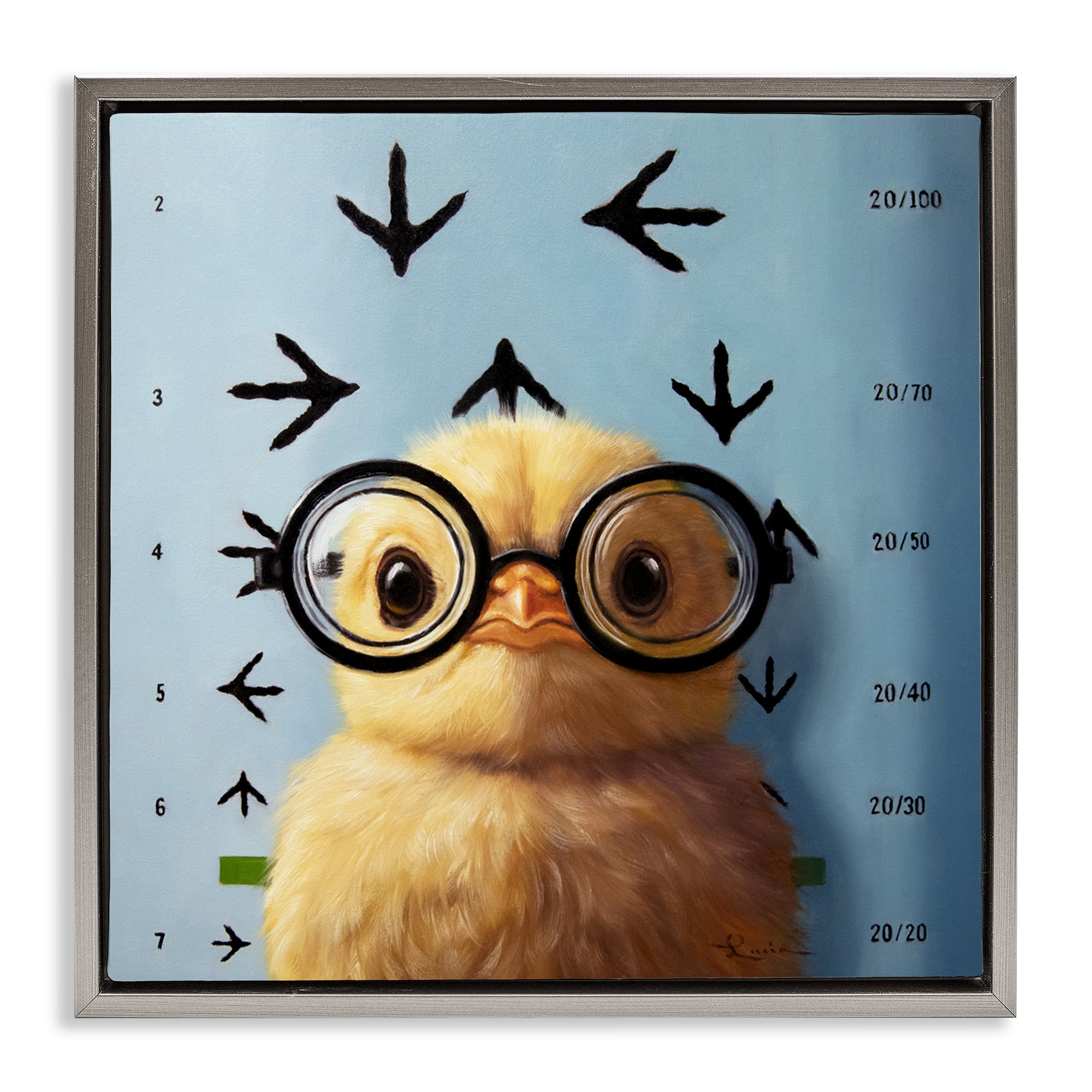 Four Eyes Chick Vision Gray Framed Floater Canvas Wall Art, design by Lucia Heffernan