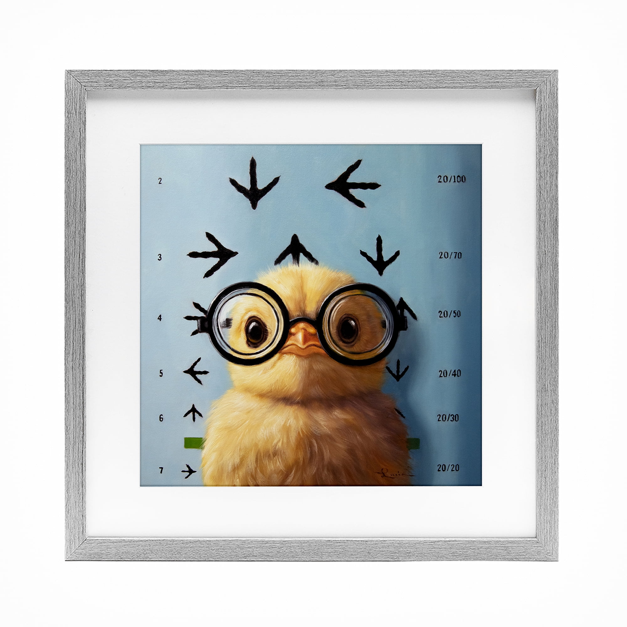 Four Eyes Chick Vision Gray Framed Print Under Glass, design by Lucia Heffernan