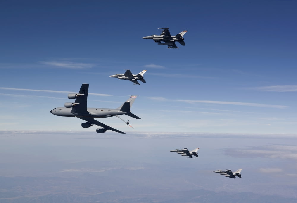 Four F-16s and a KC-135 fly in formation over Arizona Canvas Art - HIGH-G ProductionsStocktrek Images (18 x 12)