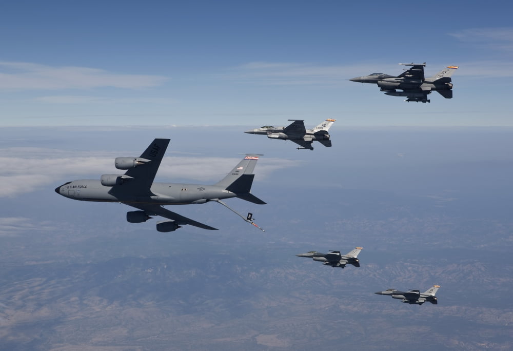 Four F-16s and a KC-135 fly in formation over Arizona Canvas Art - HIGH-G ProductionsStocktrek Images (18 x 12)