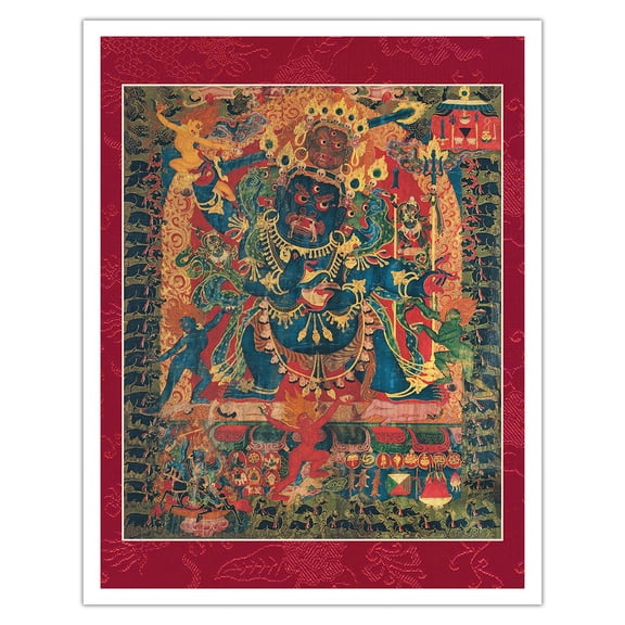 Four-Faced Mahakala - Tantric Buddhist Protector Deity - Vintage Tibetan Thangka Buddhist Painting - Tibet, 13th Century - Fine Art Matte Paper Print (Unframed) 11x14in