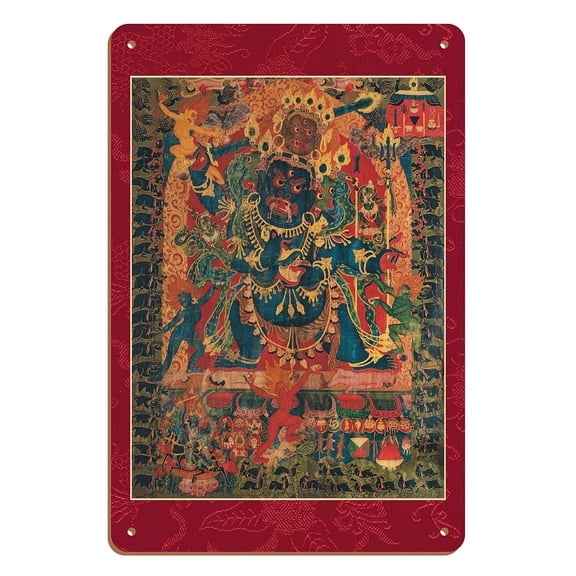 Four-Faced Mahakala - Tantric Buddhist Protector Deity - Vintage Tibetan Thangka Buddhist Painting - Tibet, 13th Century - 8 x 12 inch Vintage Wood Art Sign