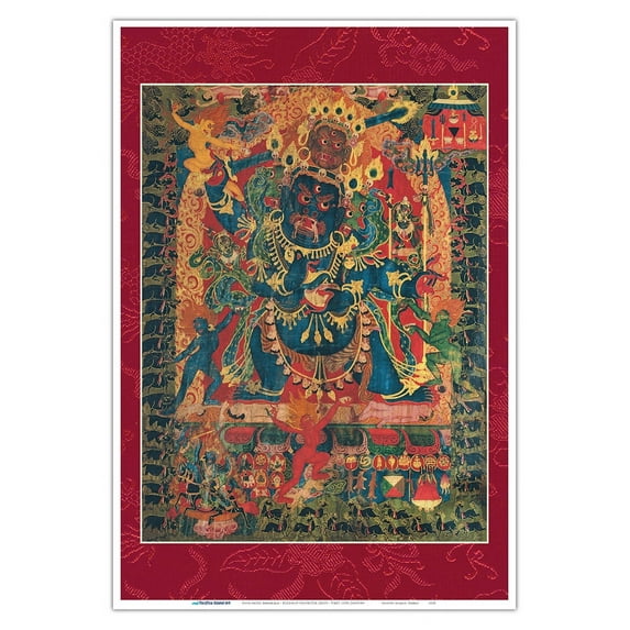Four-Faced Mahakala - Tantric Buddhist Protector Deity - Vintage Tibetan Thangka Buddhist Painting - Tibet, 13th Century - Master Art Print (Unframed) 13in x 19in