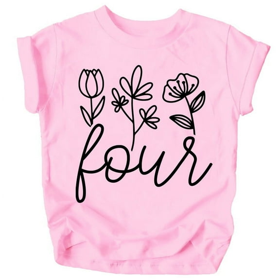 Four Floral 4th Birthday Shirt for Toddler Girls Fourth Birthday Outfit Black on Pink Shirt 4T