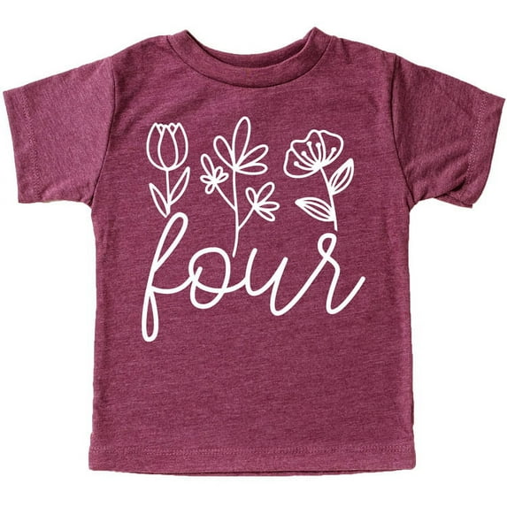 Four Floral 4th Birthday Shirt for Toddler Girls Fourth Birthday Outfit Vintage Burgundy Shirt 5-6