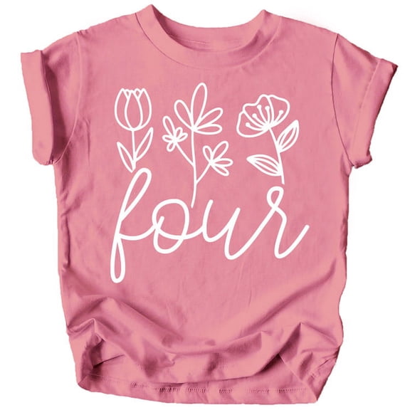 Four Floral 4th Birthday Shirt for Toddler Girls Fourth Birthday Outfit White on Mauve Shirt 4T