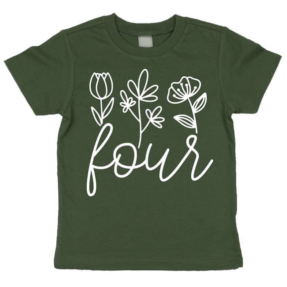Four Floral 4th Birthday Shirt for Toddler Girls Fourth Birthday Outfit White on Military Green Shirt 4T