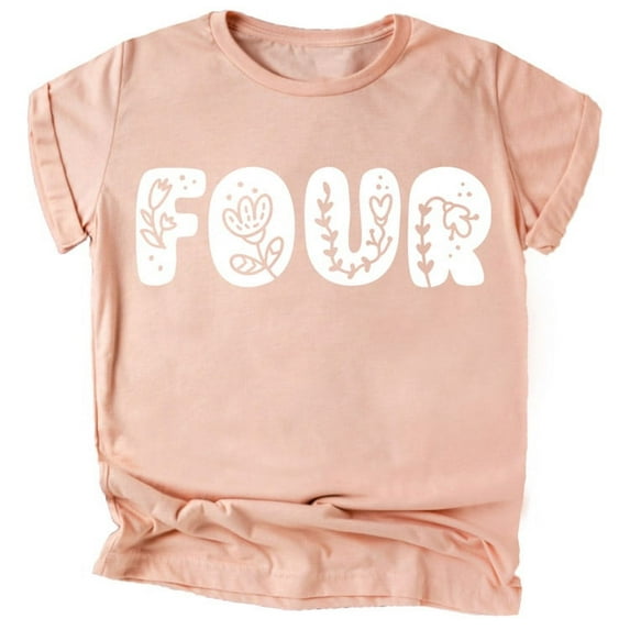 Four Floral Numbers Ages 1-7 Girl's 4th Birthday Shirt White on Peach Shirt 3T