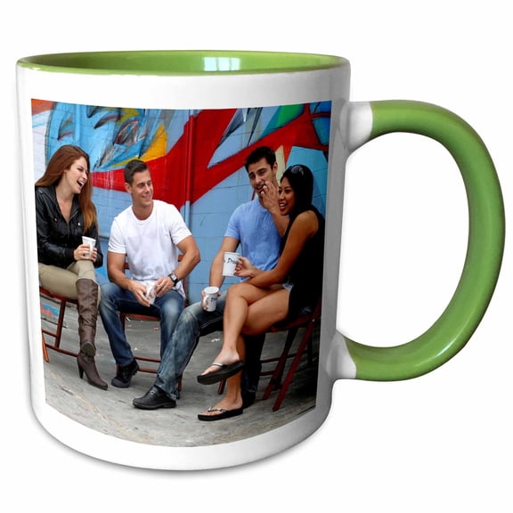 3drose, Four Friends Sitting Together During a Brake Drinking Coffee., 11oz Two-tone Green Mug