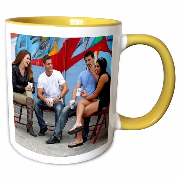 3drose, Four Friends Sitting Together During a Brake Drinking Coffee., 11oz Two-tone Yellow Mug