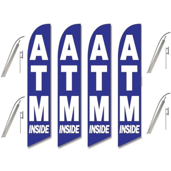 Four Full Sleeve Swooper Flags w/ Poles & Spikes ATM INSIDE Blue with Big White Text