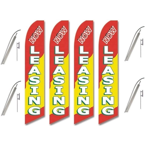Four Full Sleeve Swooper Flags w/ Poles & Spikes NOW LEASING Red Yellow White Green