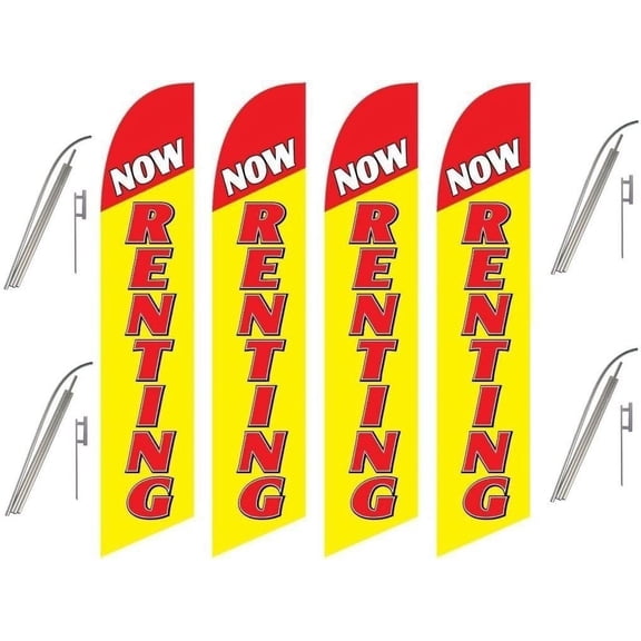 Four Full Sleeve Swooper Flags w/ Poles & Spikes NOW RENTING Alternating Yellow Red