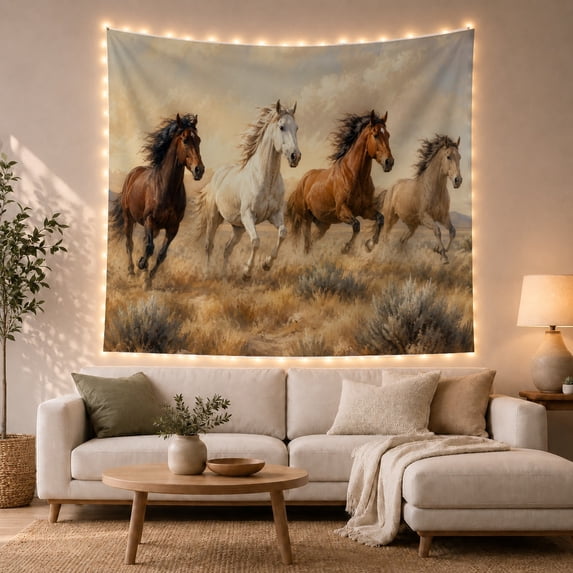 Four Galloping Horses in Golden Prairie, Majestic Illustration for Animal Lovers, Western Wall Art Decor, Housewarming Gift Tapestry Wall Hanging for Living Room and Bedroom