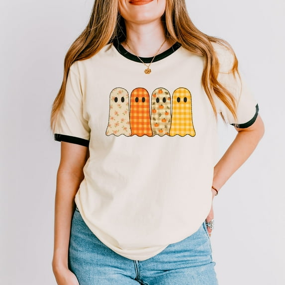 Four Ghosts Checkered Quilted Printed - Womens Ringer Tee
