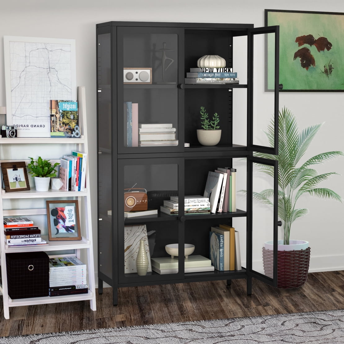 Four Glass Door Storage Cabinet with Adjustable Shelves and Feet, 59