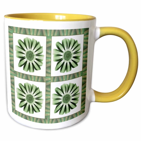 3drose, Four Green Striped Flowers with Green and Sage Flower Petal Border, 11oz Two-tone Yellow Mug