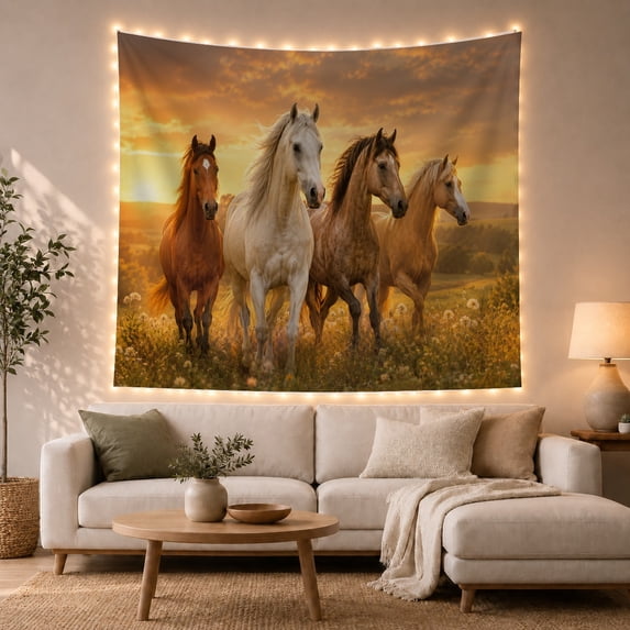 Four Horses Running in a Sunlit Meadow at Sunset Majestic Digital Art for Nature Lovers Equine Art Print Birthday Gift Tapestry Wall Hanging for Bedroom and Living Room