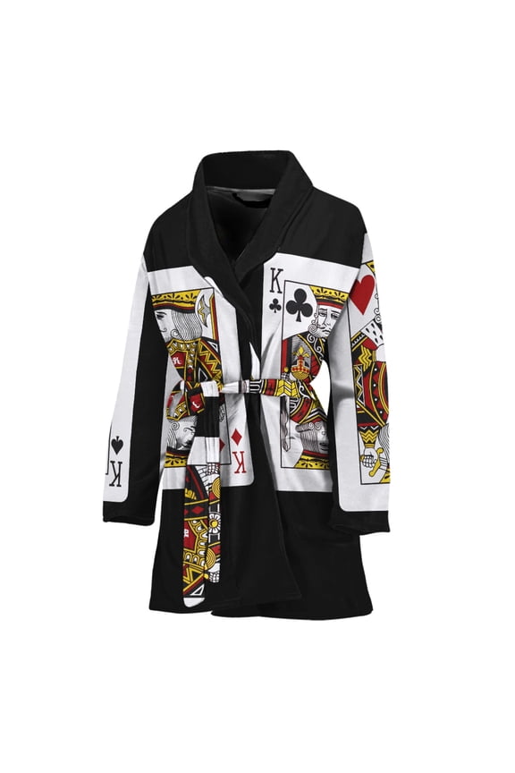 Four Kings Playing Cards Women Bathrobe One Size Univeral Fits, King Card Poker Fashion Lightweight Plush Fleece Long Robe For Women