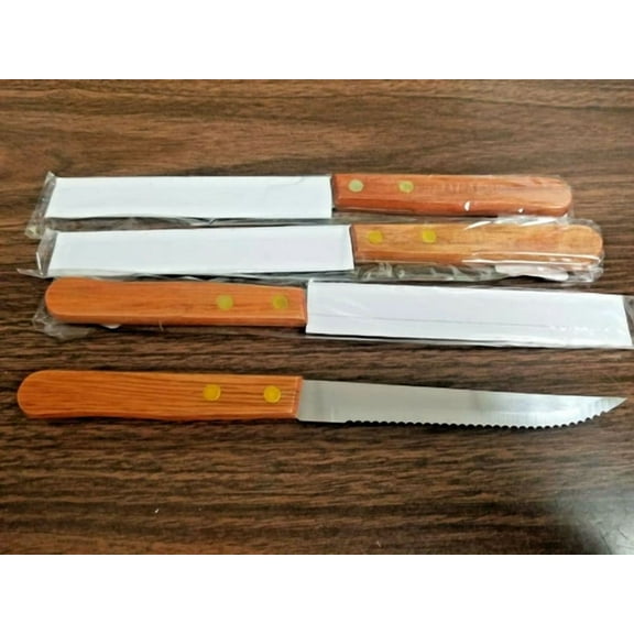 (Four Knives) Steak Knife Wood Handle S/S Serrated Edge Pointed Tip/5 Blade