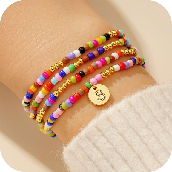 Turandoss 4Pcs 14K Gold Plated Stretch Colorful Beaded Disc Initial Bracelet for Women Girls Letter A-Z Jewelry Fashion Personalized Birthday Gift for Women Teen Girls