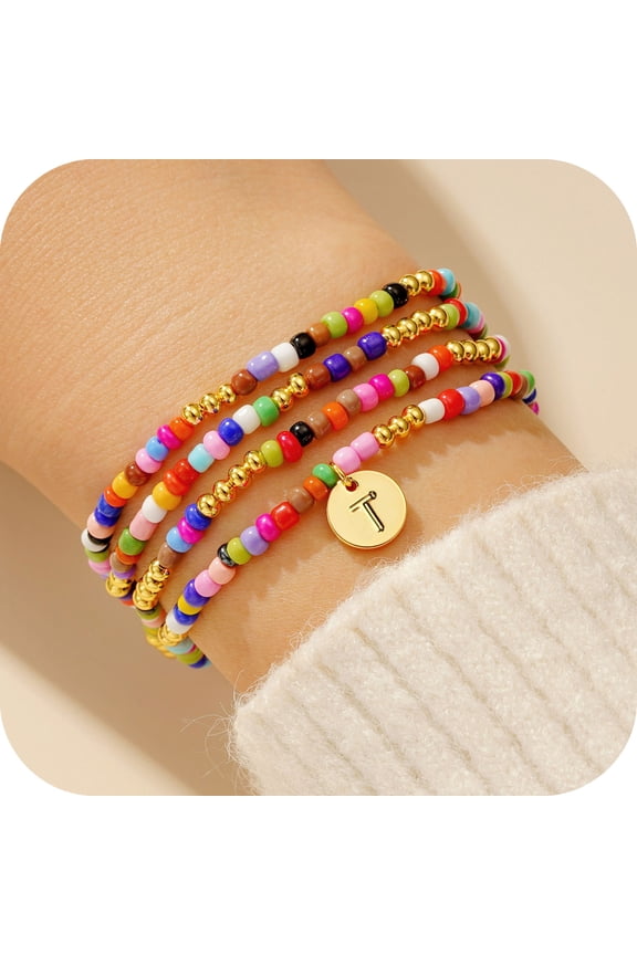 4Pcs 14K Gold Plated Bohemian Colorful Beaded Disc Initial Bracelet for Women Girls Letter A-Z Waterproof Jewelry Personalized Birthday Gift for Women Little Girls