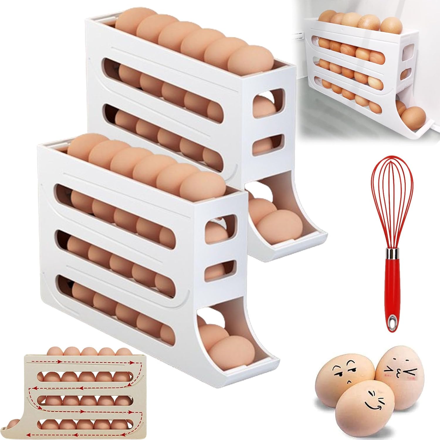 Four-Layer Egg Storage Rack, 4 Tiers Egg Holder for Fridge, Can Store 30 Eggs, Home Four-Layer Egg Holder, Egg Holder for Fridge, Suitable for Kitchen, Cabinets (2Pcs-B)