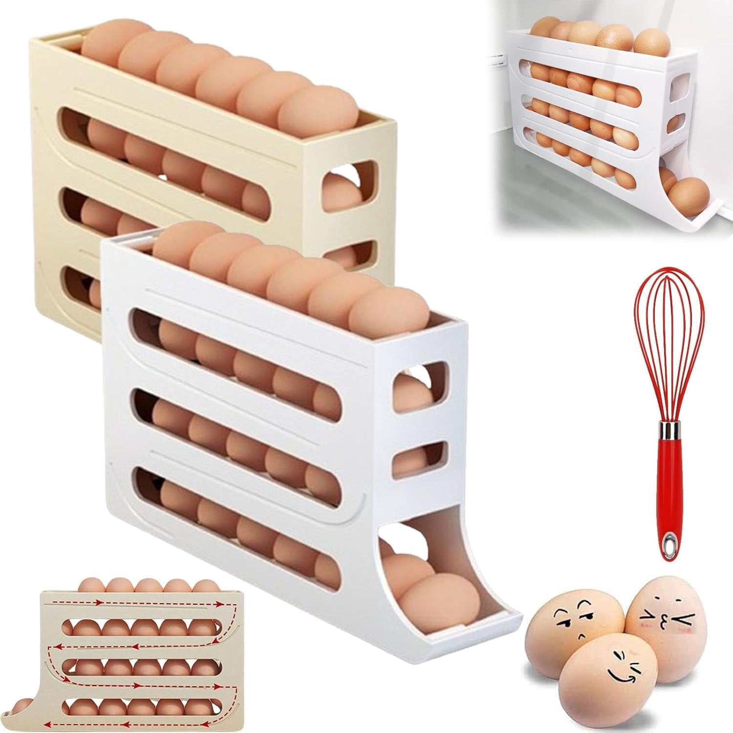 Four-Layer Egg Storage Rack, 4 Tiers Egg Holder for Fridge, Can Store 30 Eggs, Home Four-Layer Egg Holder, Egg Holder for Fridge, Suitable for Kitchen, Cabinets (2Pcs-B)