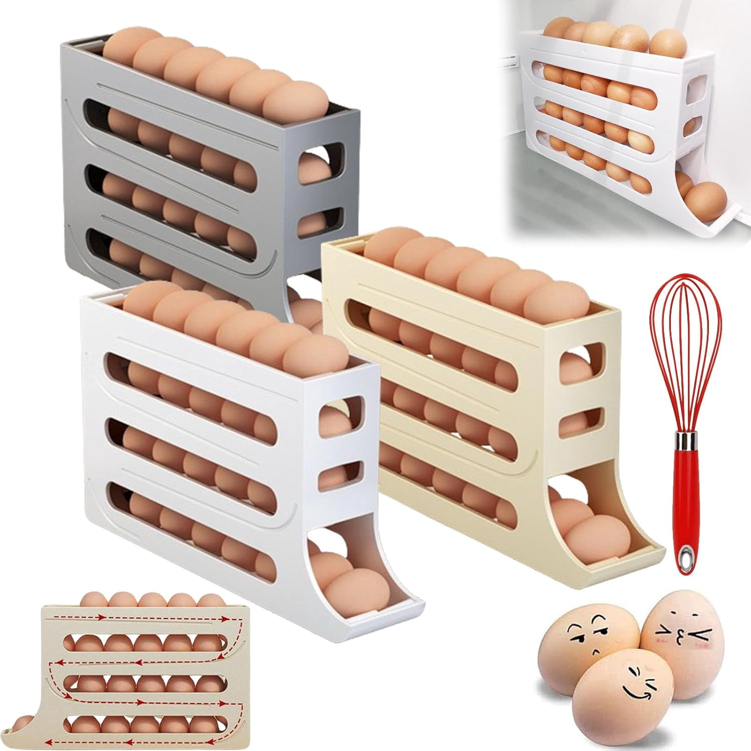 Four-Layer Egg Storage Rack, 4 Tiers Egg Holder for Fridge, Can Store 30 Eggs, Home Four-Layer Egg Holder, Egg Holder for Fridge, Suitable for Kitchen, Cabinets (2Pcs-B)