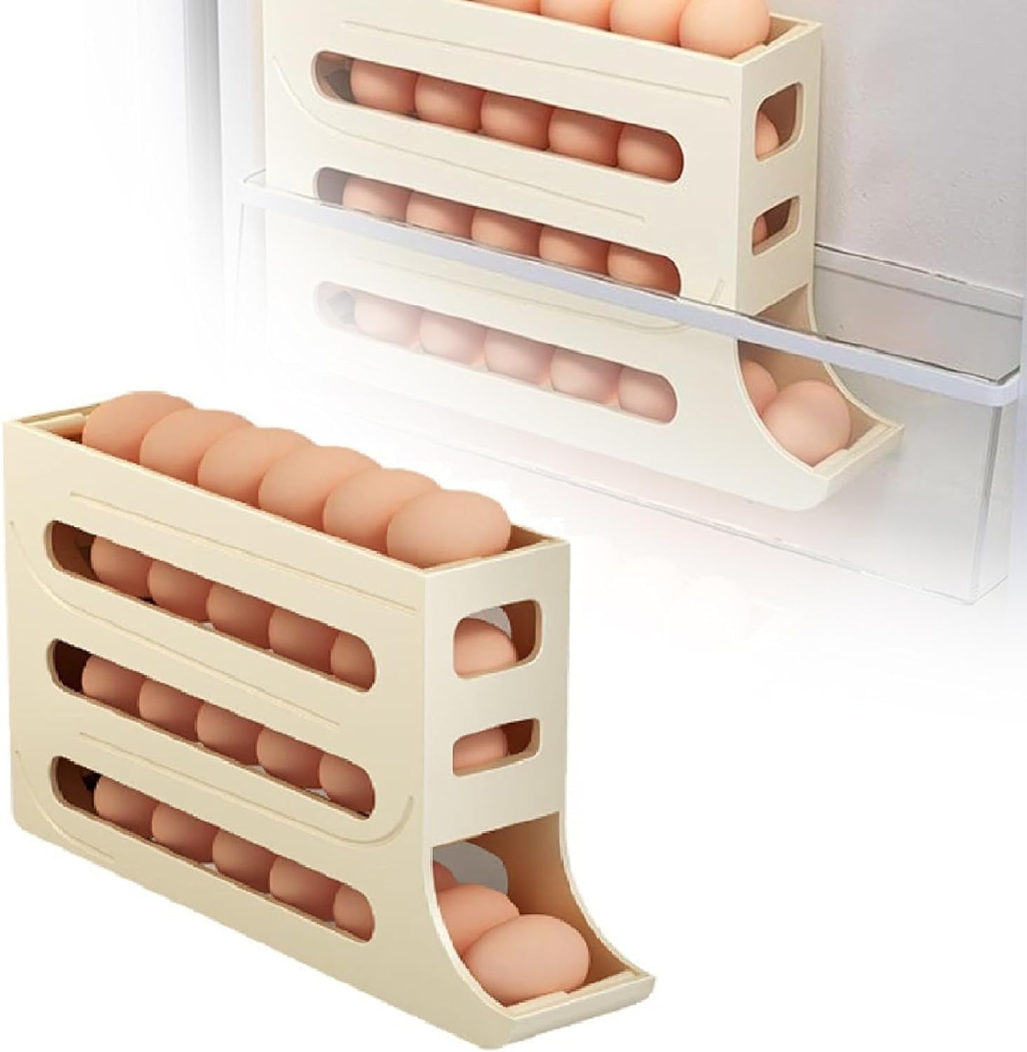 Four-Layer Egg Storage Rack, Auto Rolling Fridge Egg Organizer, Refrigerator Egg Storage Box,4 Tier Rolling Egg Holder Dispenser (1 PCS Beige)