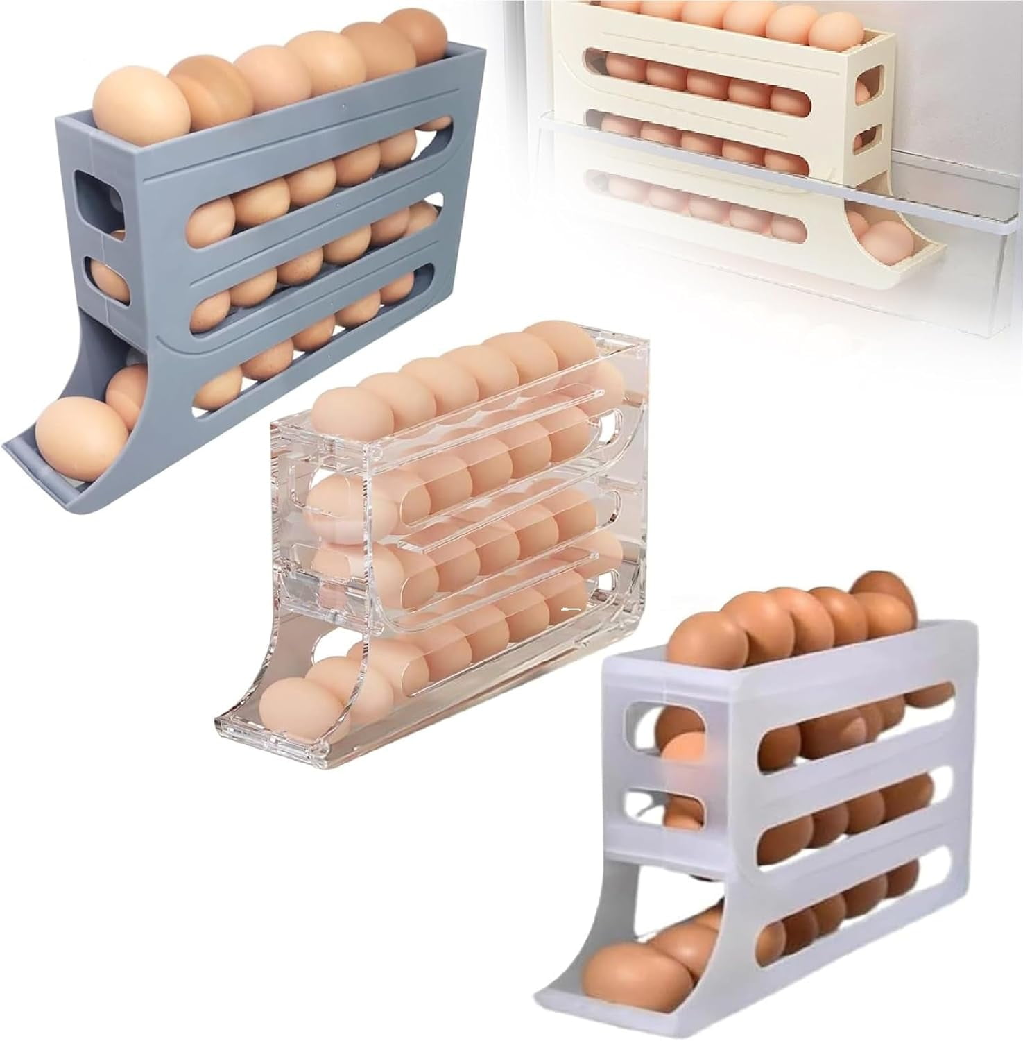 Four-Layer Egg Storage Rack, Auto Rolling Fridge Egg Organizer, Refrigerator Egg Storage Box,4 Tier Rolling Egg Holder Dispenser (1 PCS Beige)