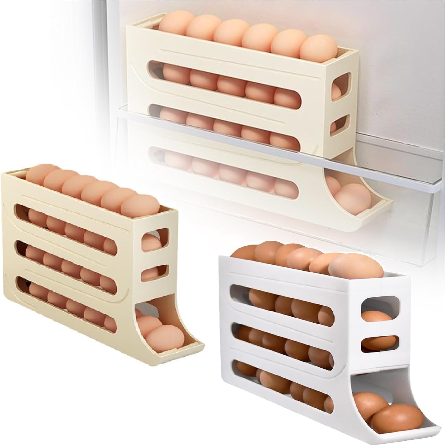 Four-Layer Egg Storage Rack, Auto Rolling Fridge Egg Organizer, Refrigerator Egg Storage Box,4 Tier Rolling Egg Holder Dispenser (1 PCS Beige)