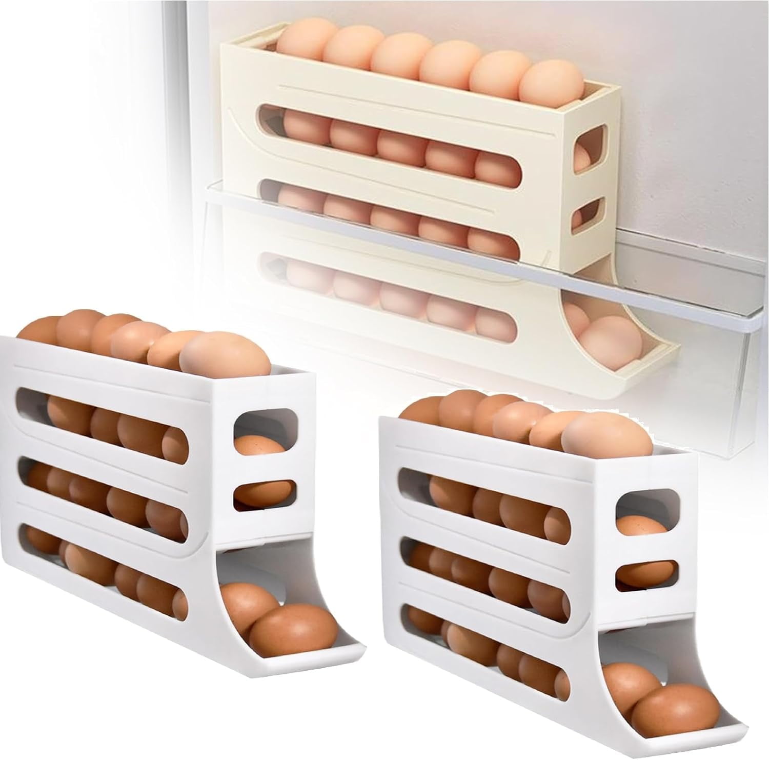 Four-Layer Egg Storage Rack, Auto Rolling Fridge Egg Organizer, Refrigerator Egg Storage Box,4 Tier Rolling Egg Holder Dispenser (1 PCS Beige)