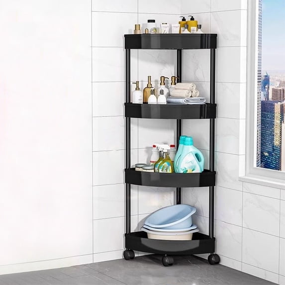 Four-Layer Movable Corner Shelf Rack for Bathroom, Kitchen, and Living Room – Waterproof Plastic, Rust-Proof, with Wheels, Triangular Corner Design, Tool-Free Assembly, Drainage Holes