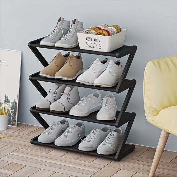 Four-Layer Z-Shaped Black Shoe Rack, Plastic Freestanding Floor Storage Rack, Essential for Living Room/Dormitory, Easy to Assemble, Stackable, Wood-Free And Power-Free Home Storage Wonder