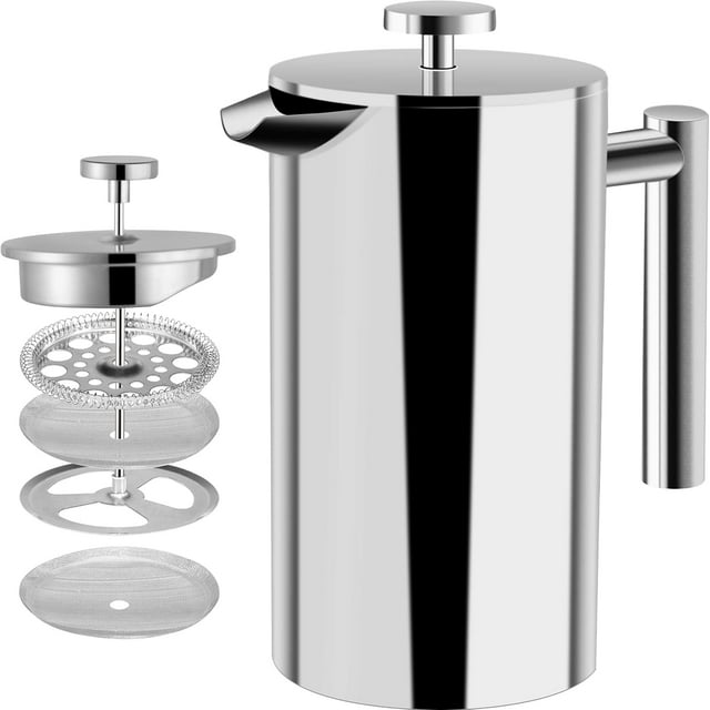 Four-Layered Filtration System French Press, Heat Resistant Double-Wall Construction, Dishwasher Safe For Easy Cleaning, 1 Liter Capacity, Double-Wall Stainless Steel Ensures