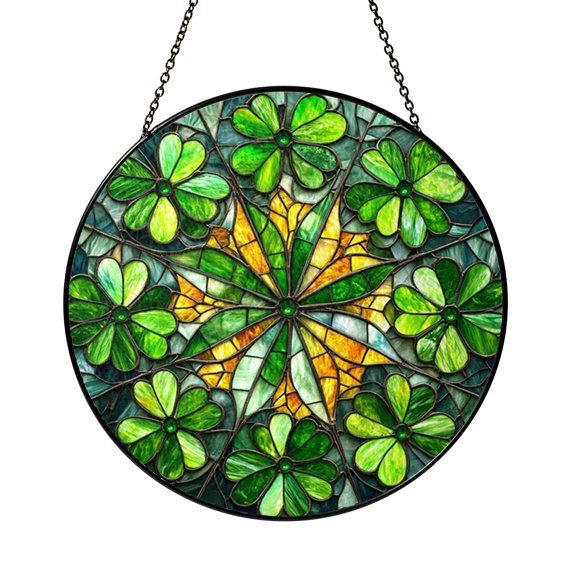 Four Leaf Clover Botanical Stained Glass Suncatcher Window Hanging Decor, Green Clover Pattern Stained Glass Style Round Panel, Nature Inspired Window Art Ornament Decorative Home Window Decor