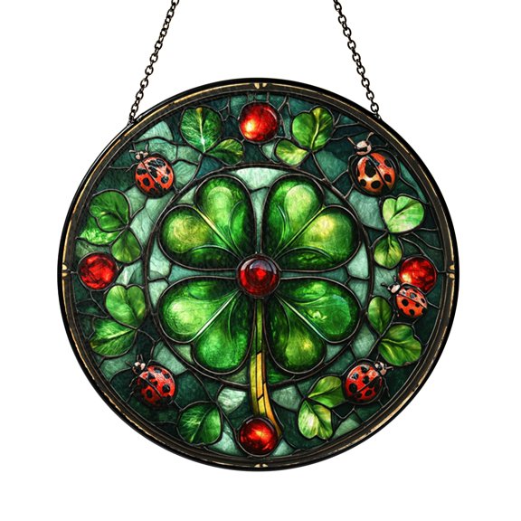 Four Leaf Clover Botanical Stained Glass Suncatcher Window Hanging Panel with Ladybug Garden Detail, Green Clover Stained Glass Style Window Decor, Round Nature Inspired Botanical Art Ornament