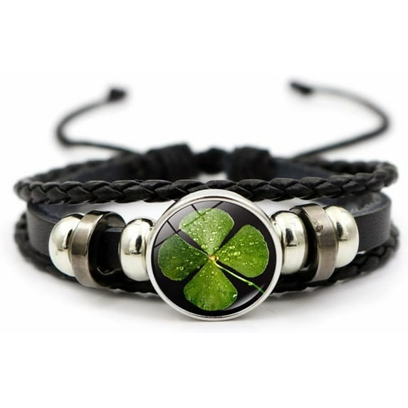 Four Leaf Clover Bracelet for Women Men Irish Shamrock St Patricks Charm Beaded Adjustable Bangle Woven Leather Braided Inspired Couple Bracelets Promise Jewelry Gifts St. Patrick's Day